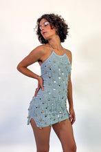 Load image into Gallery viewer, blue cotton mirrorwork beaded bell halter mini dress