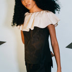 black silk taffeta champagne ruffle clown top