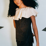 black silk taffeta champagne ruffle clown top