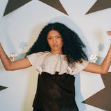 black silk taffeta champagne ruffle clown top