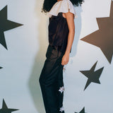 black silk taffeta champagne ruffle clown top