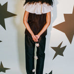 black silk taffeta champagne ruffle clown top