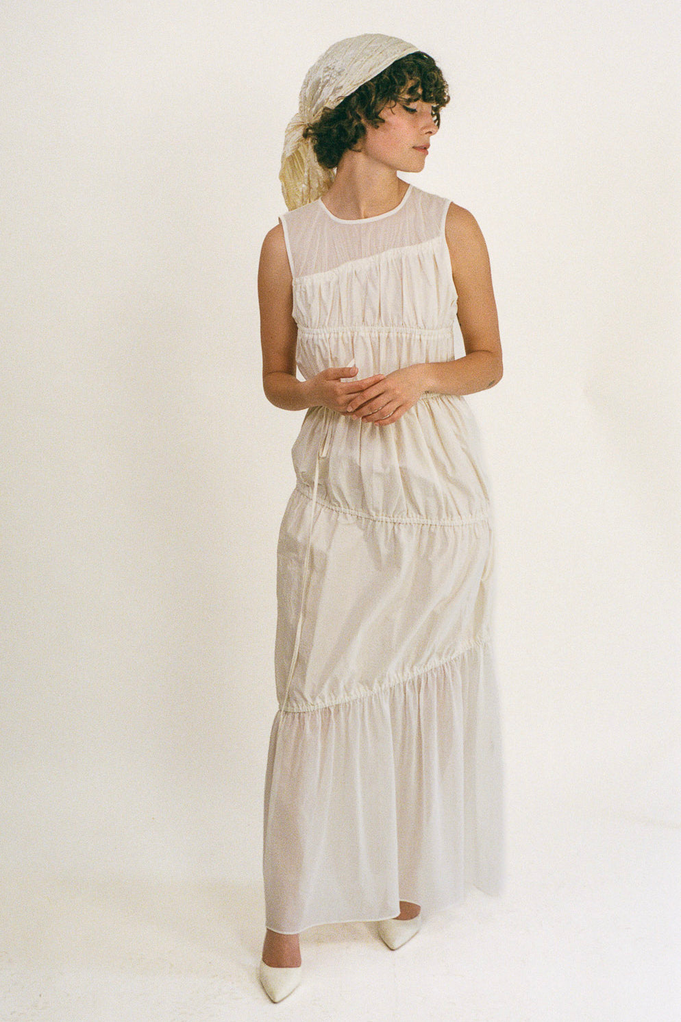 white cotton polyester multi tiered Grecian maxi dress