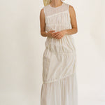 white cotton polyester multi tiered Grecian maxi dress