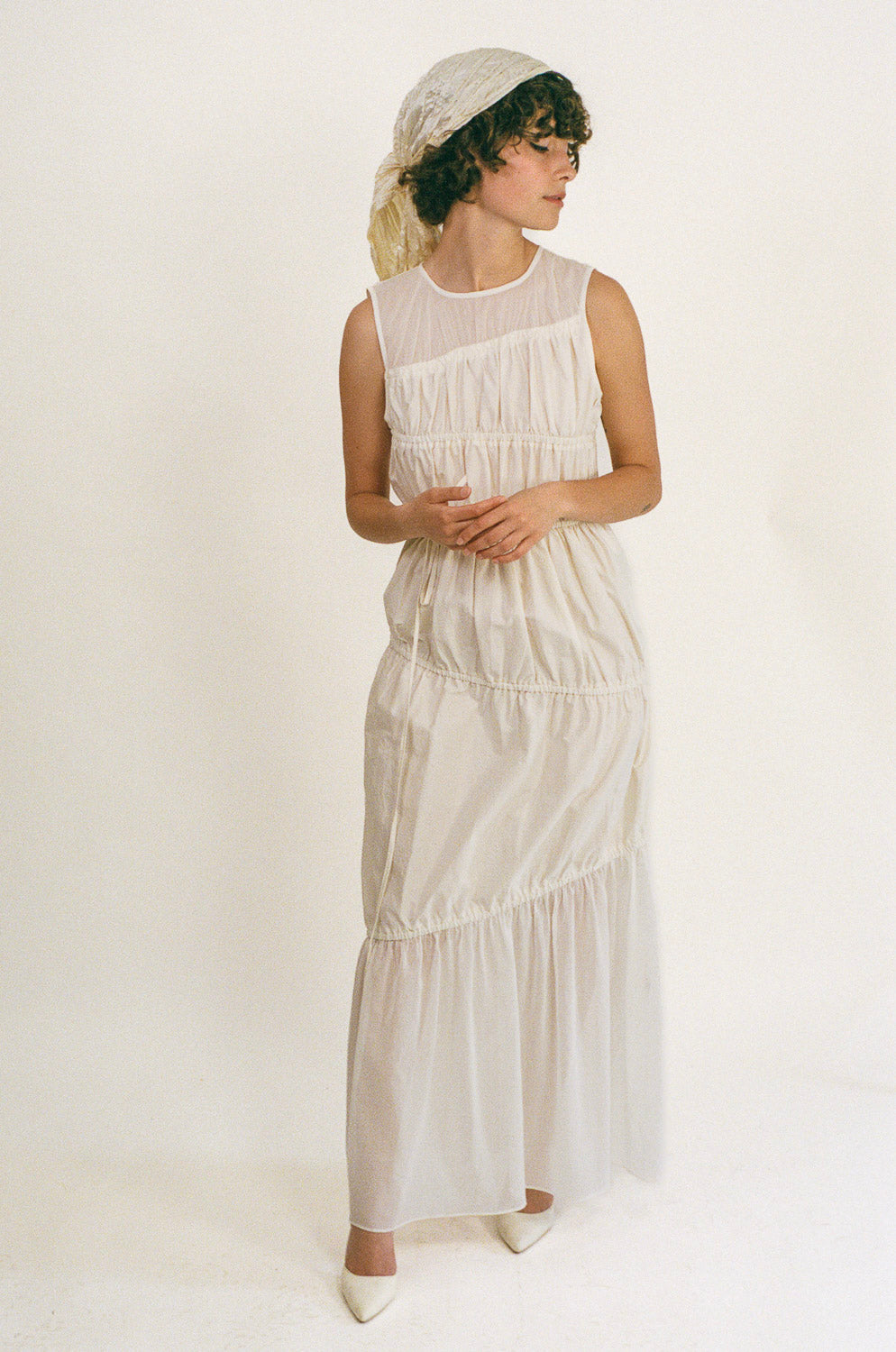 white cotton polyester multi tiered Grecian maxi dress