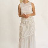 white cotton polyester multi tiered Grecian maxi dress