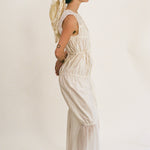 white cotton polyester multi tiered Grecian maxi dress