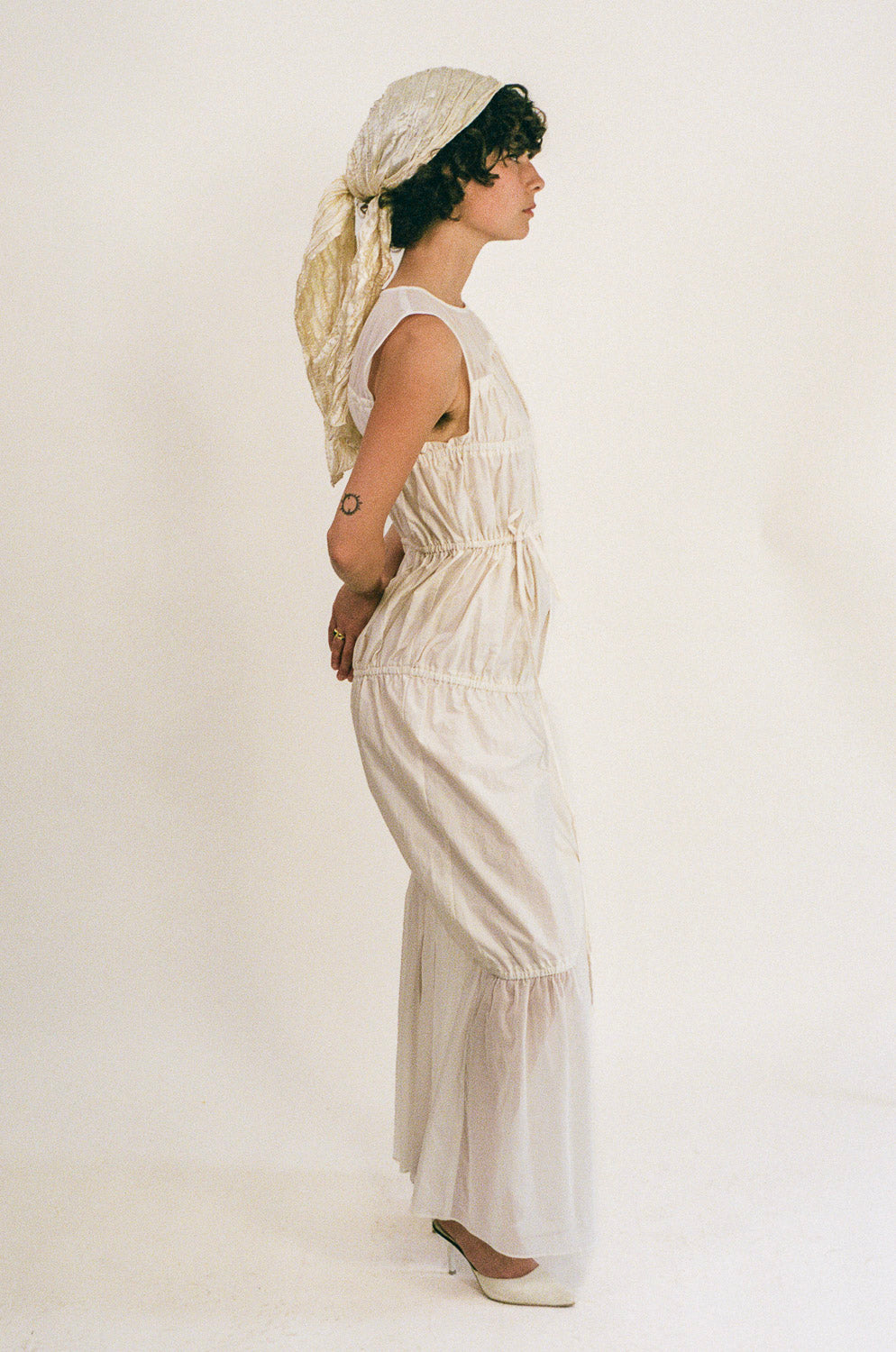 white cotton polyester multi tiered Grecian maxi dress