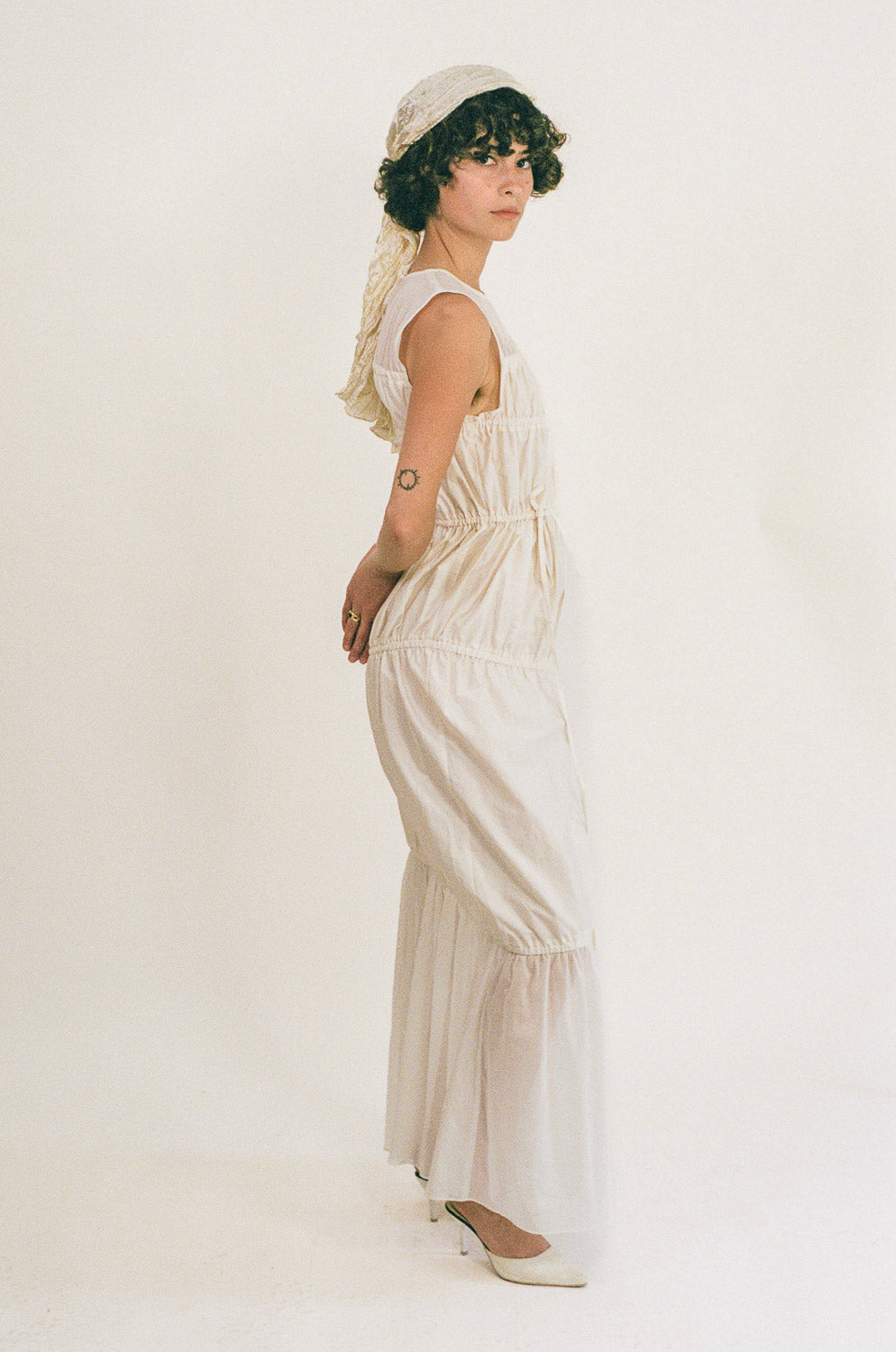 white cotton polyester multi tiered Grecian maxi dress