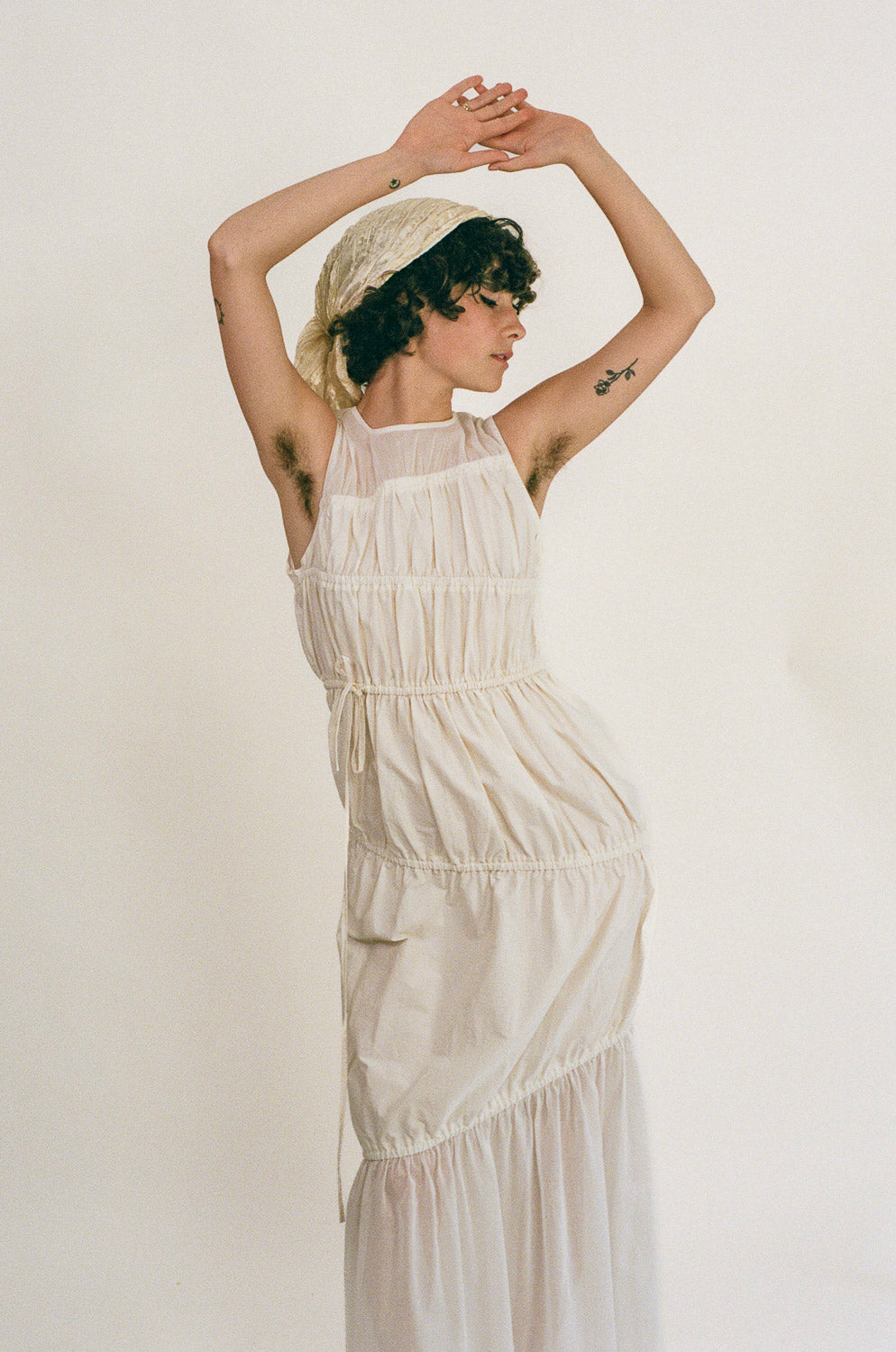 white cotton polyester multi tiered Grecian maxi dress