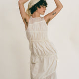 white cotton polyester multi tiered Grecian maxi dress
