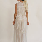 white cotton polyester multi tiered Grecian maxi dress