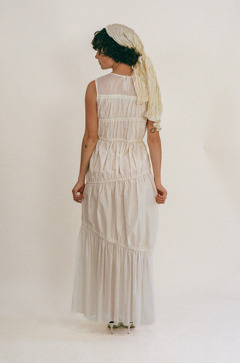 white cotton polyester multi tiered Grecian maxi dress