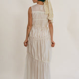 white cotton polyester multi tiered Grecian maxi dress