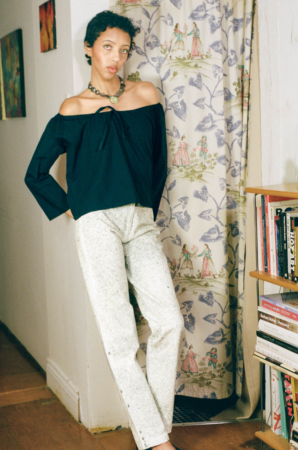 white cotton green ink splatter stove pipe jeans