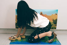 Load image into Gallery viewer, navy nubuck leather thick thong wooden platform sandal