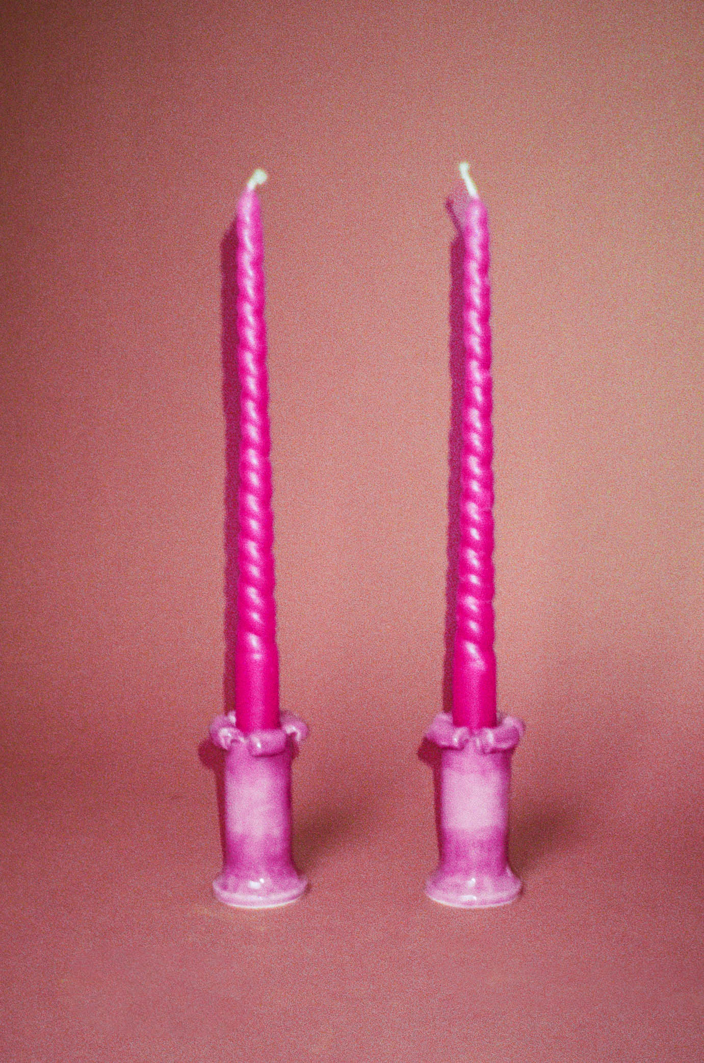 ceramic glazed petal top candleholders in mauve purple