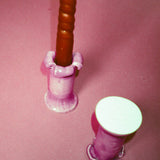 ceramic glazed petal top candleholders in mauve purple