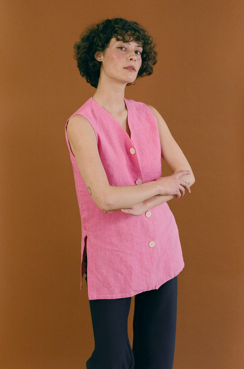 pink cotton straight cut boxy sleeveless vest