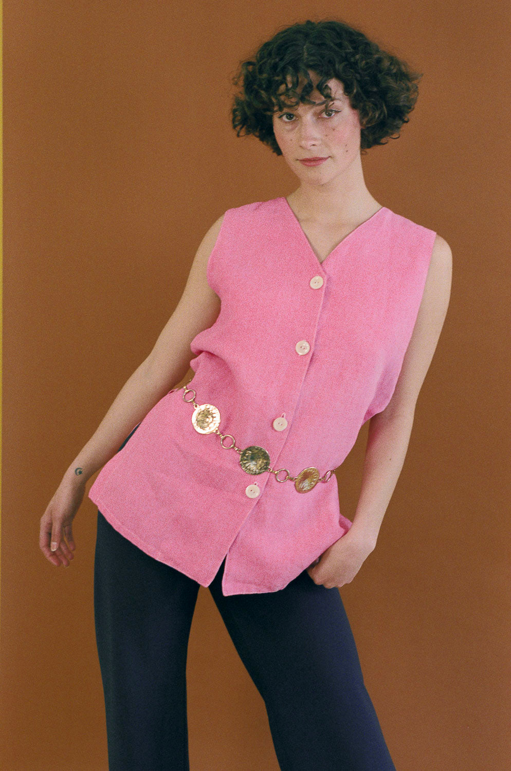 pink cotton straight cut boxy sleeveless vest