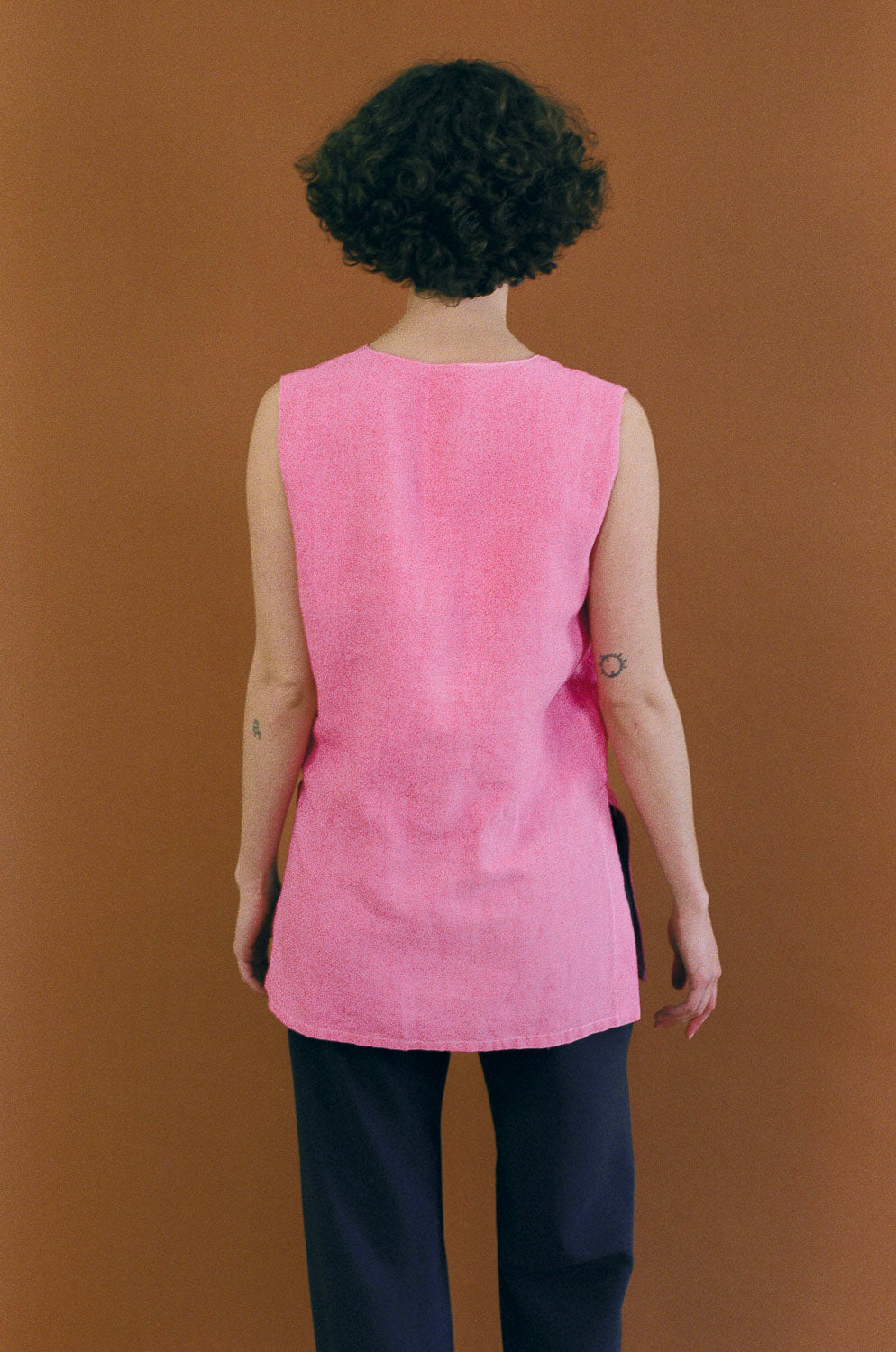 pink cotton straight cut boxy sleeveless vest