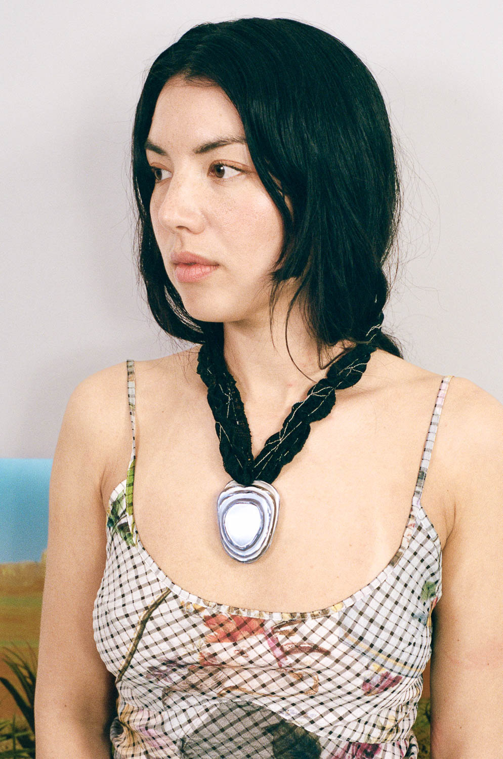 icy blue glass pendant black lace cord necklace