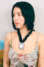 Load image into Gallery viewer, icy blue glass pendant black lace cord necklace