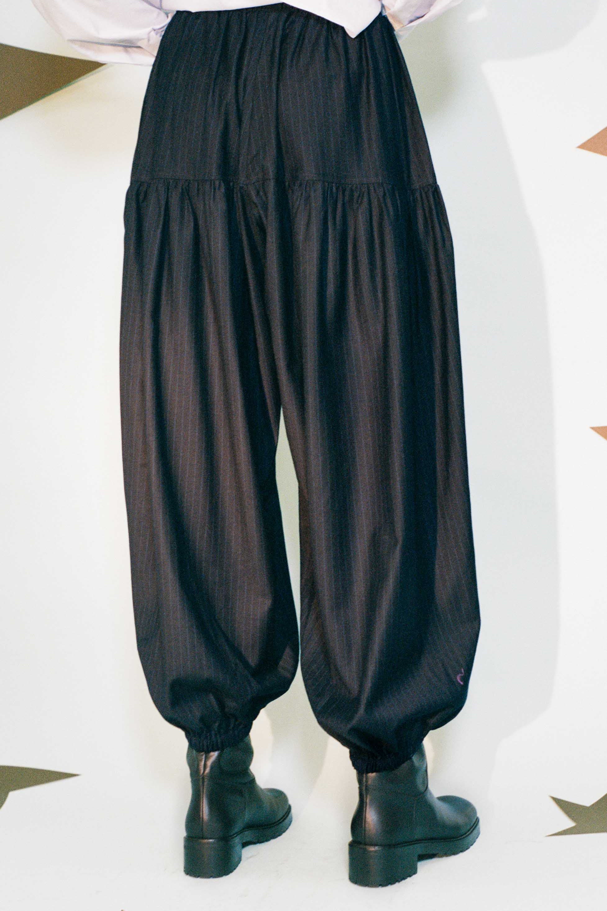 navy wool pinstripe 80s fashion jogger pant