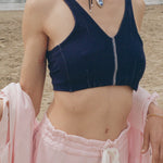 navy white stitched jersey pique sleeveless crop top