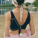 navy white stitched jersey pique sleeveless crop top