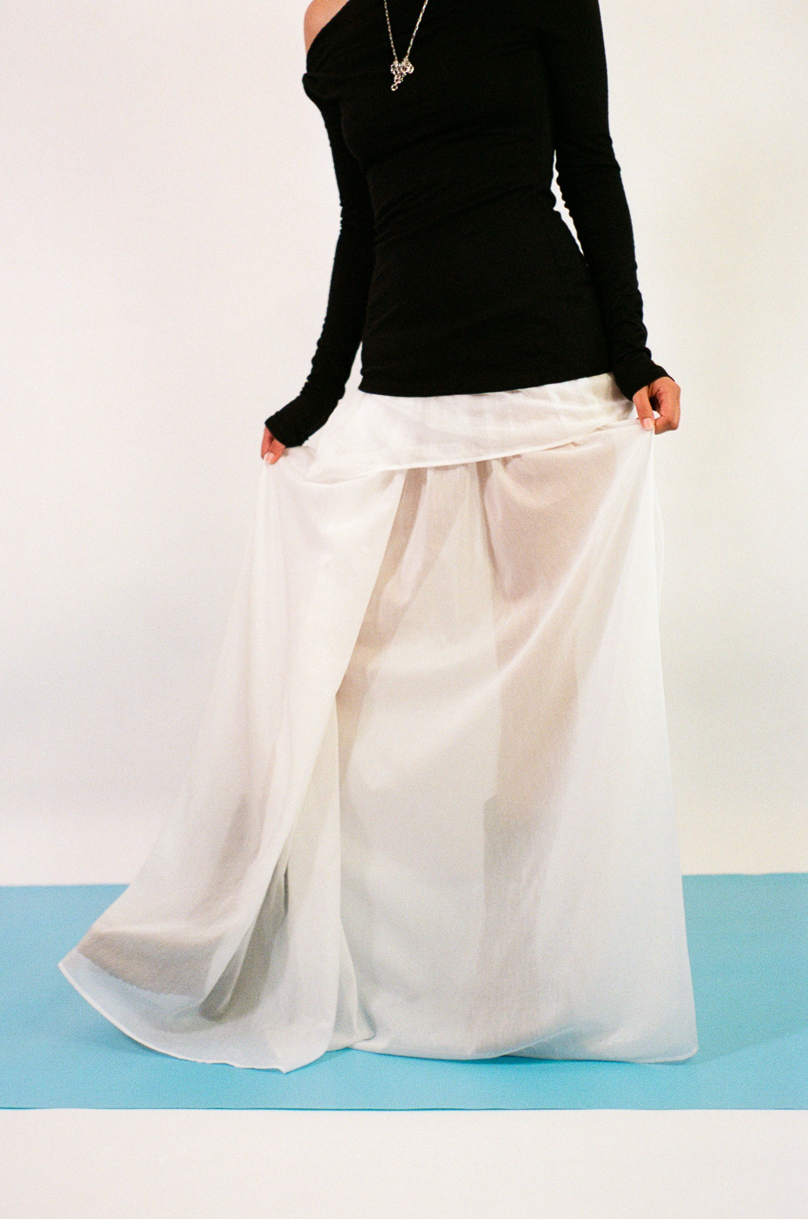 white cotton silk floor length semi sheer skirt