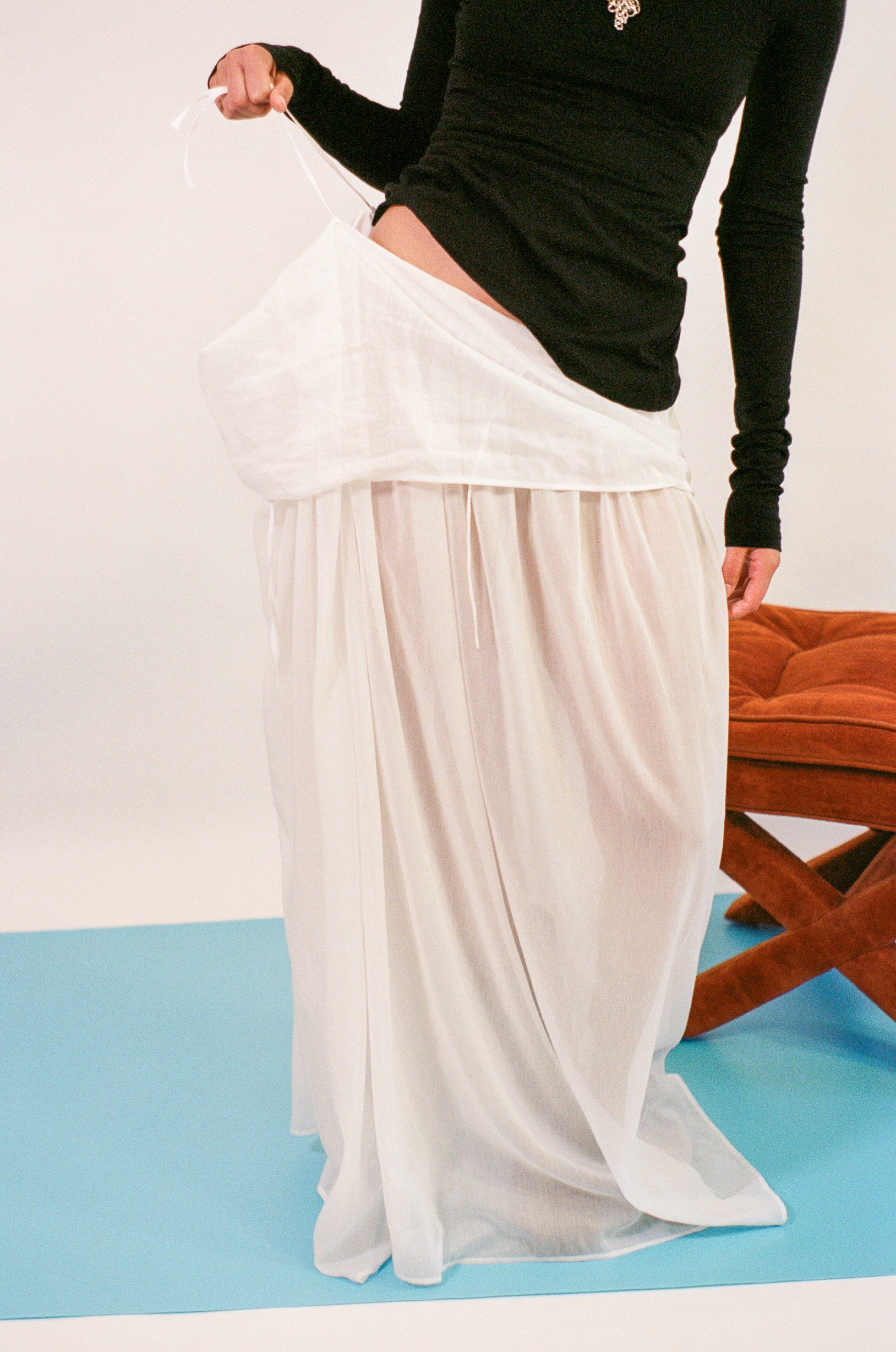 white cotton silk floor length semi sheer skirt