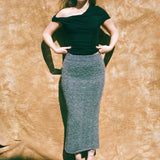 grey boucle wool fitted midi skirt