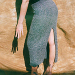 grey boucle wool fitted midi skirt