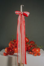 Load image into Gallery viewer, tall ivory taper candle holiday red satin bow