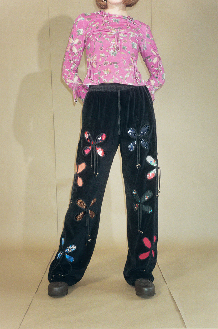 black cotton lounge pants with vintage petal inserts