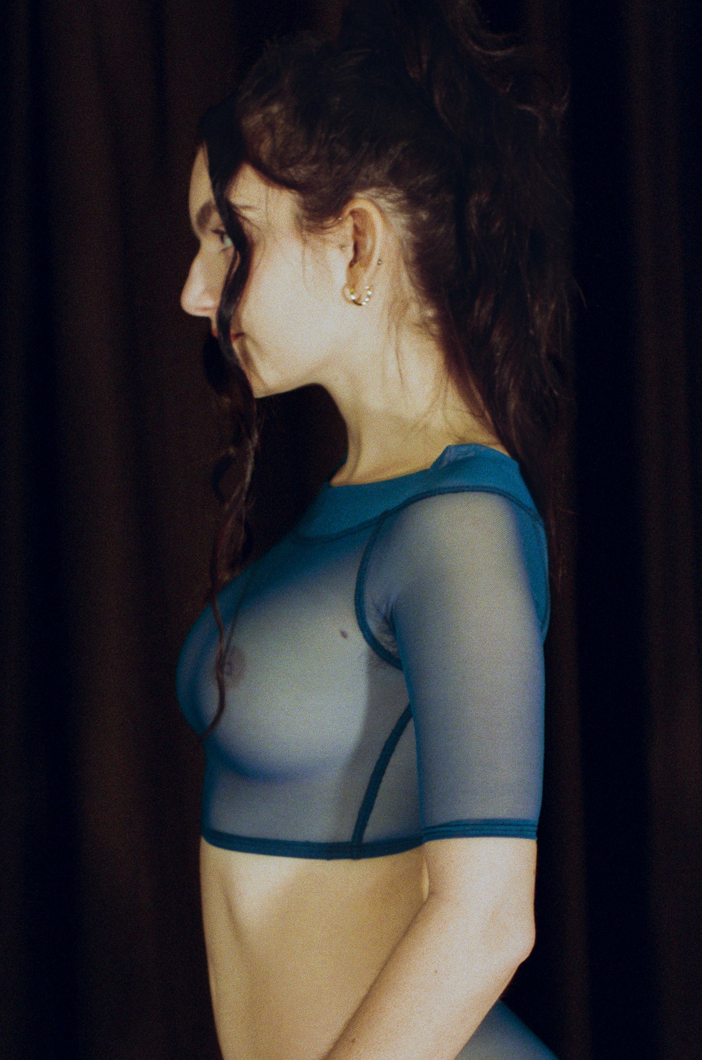 nylon spandex teal off shoulder lingerie crop top