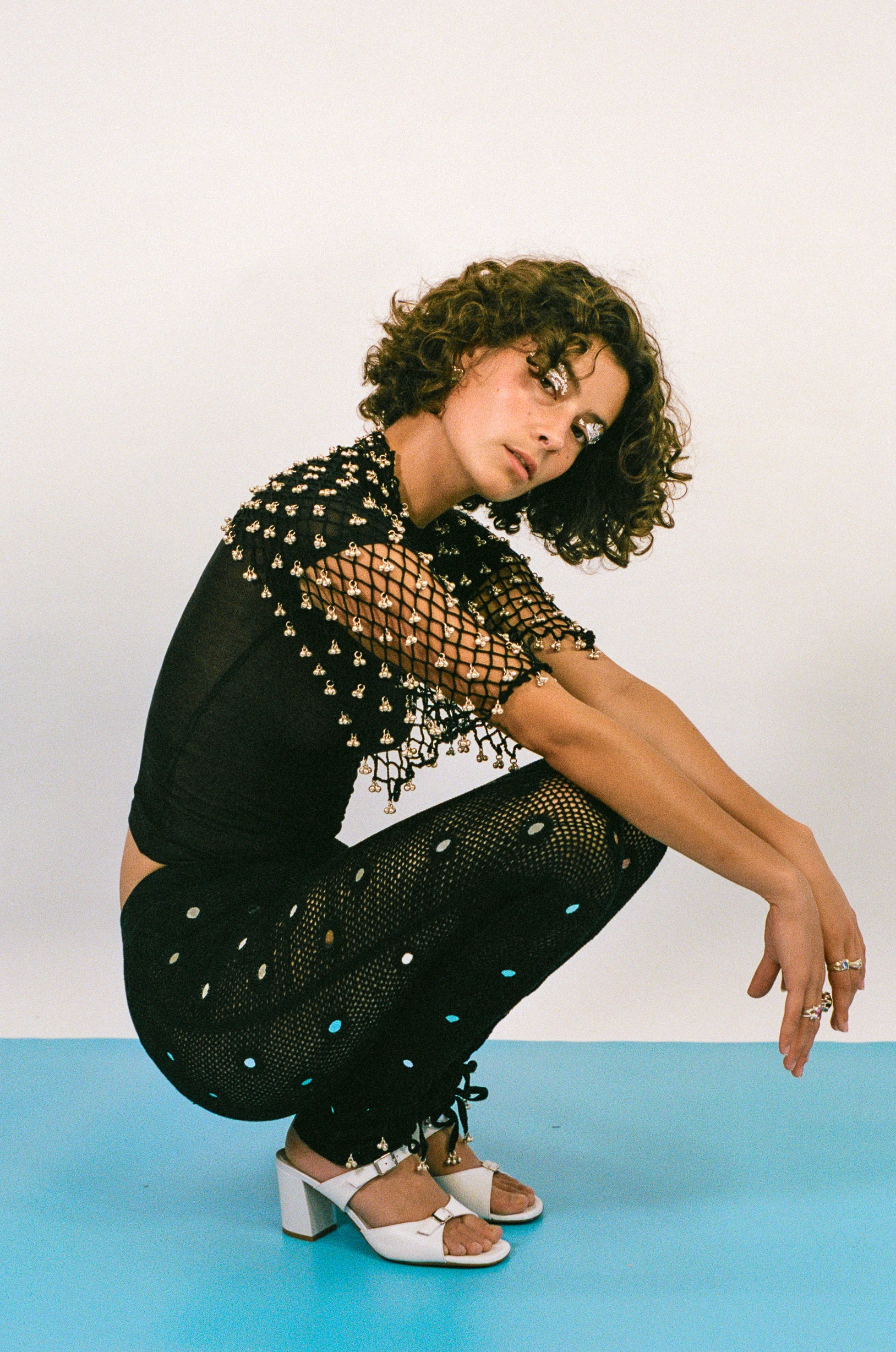 black netted cotton short scarf with bells