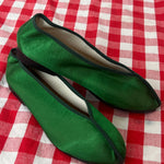 emerald green satin pointed theatre slipper