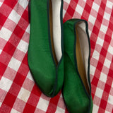 emerald green satin pointed theatre slipper