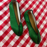 emerald green satin pointed theatre slipper