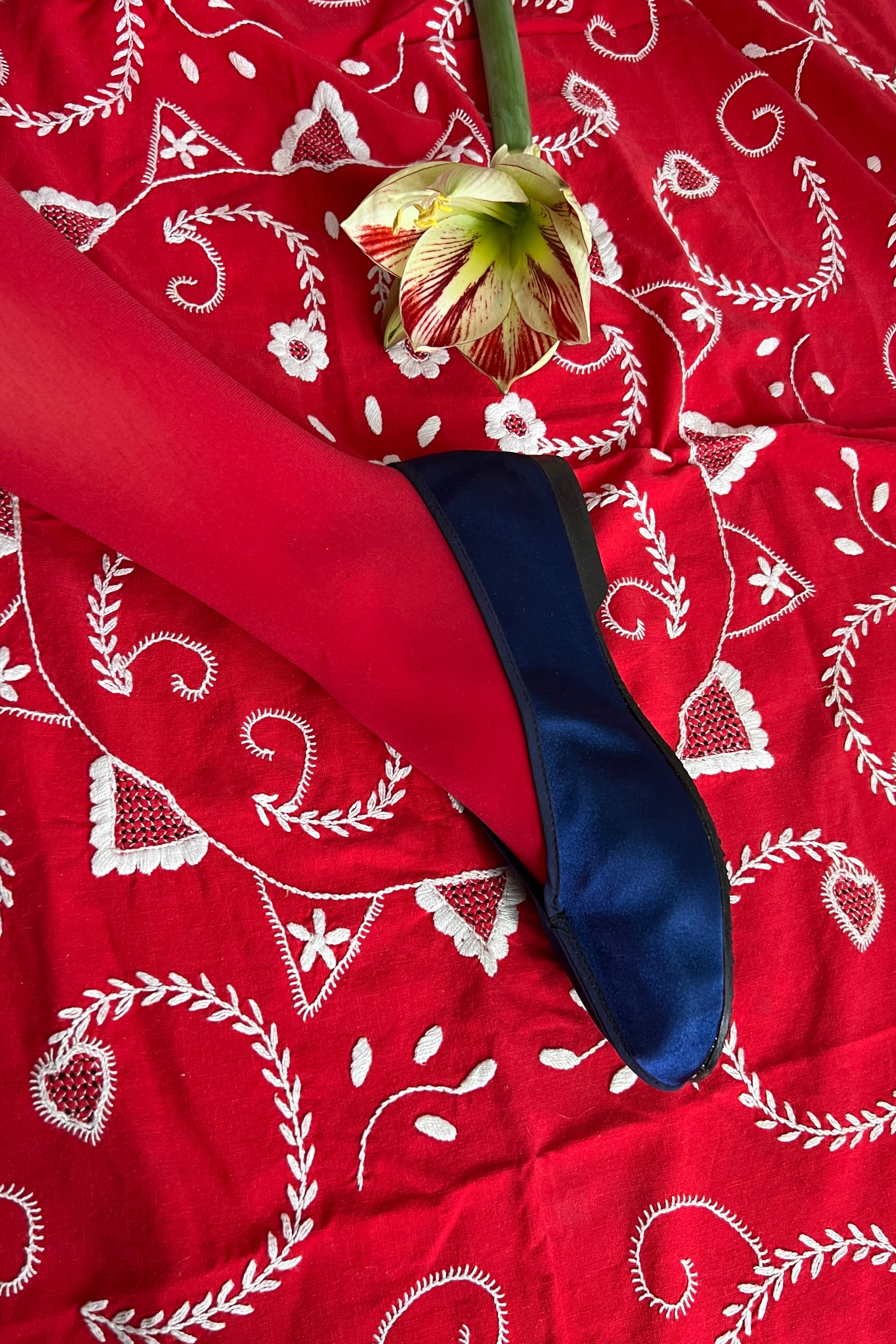 navy blue satin pointed theatre slipper