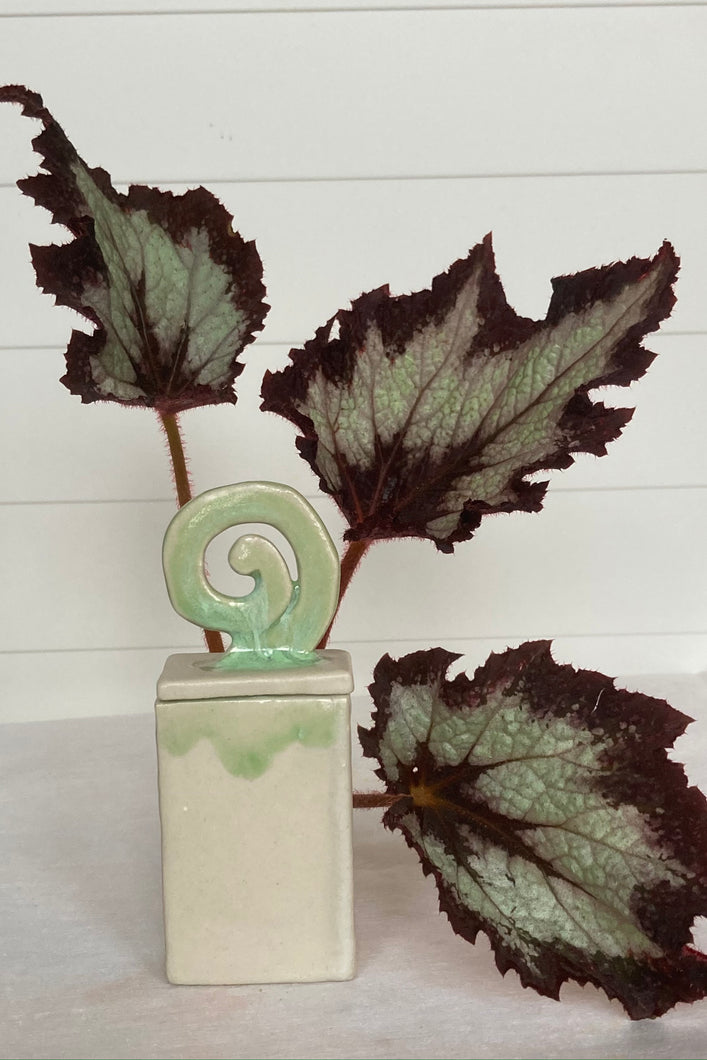 handmade ceramic treasure box in green swirl