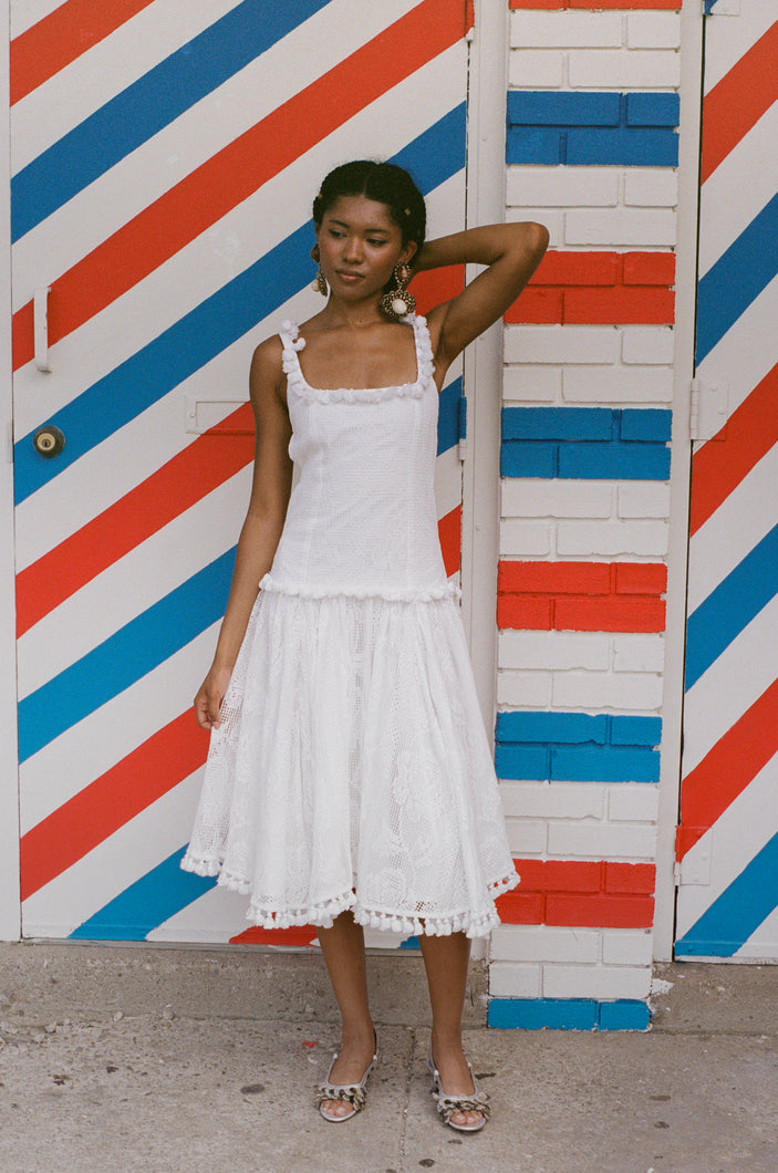 1000 TASSELS DRESS IN WHITE COTTON