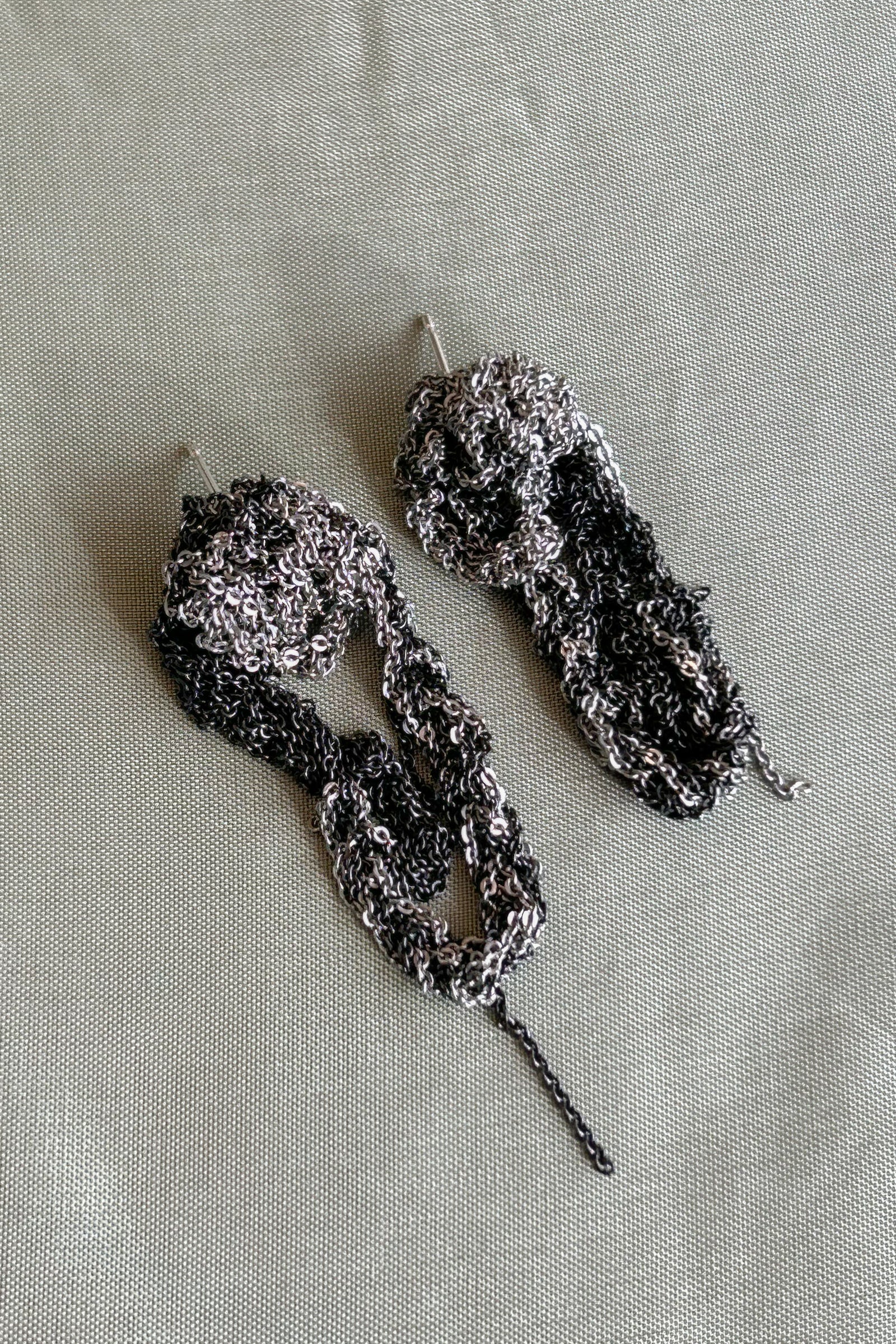 silver grey sterling silver chain crocheted drip earrings