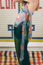 Load image into Gallery viewer, 3 KNOT TOP WITH LONG FRINGE TIES IN BLUE WITH RED/GREEN BANDHEJ FLOWERS