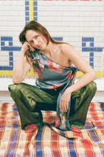 Load image into Gallery viewer, 3 KNOT TOP WITH LONG FRINGE TIES IN BLUE WITH RED/GREEN BANDHEJ FLOWERS