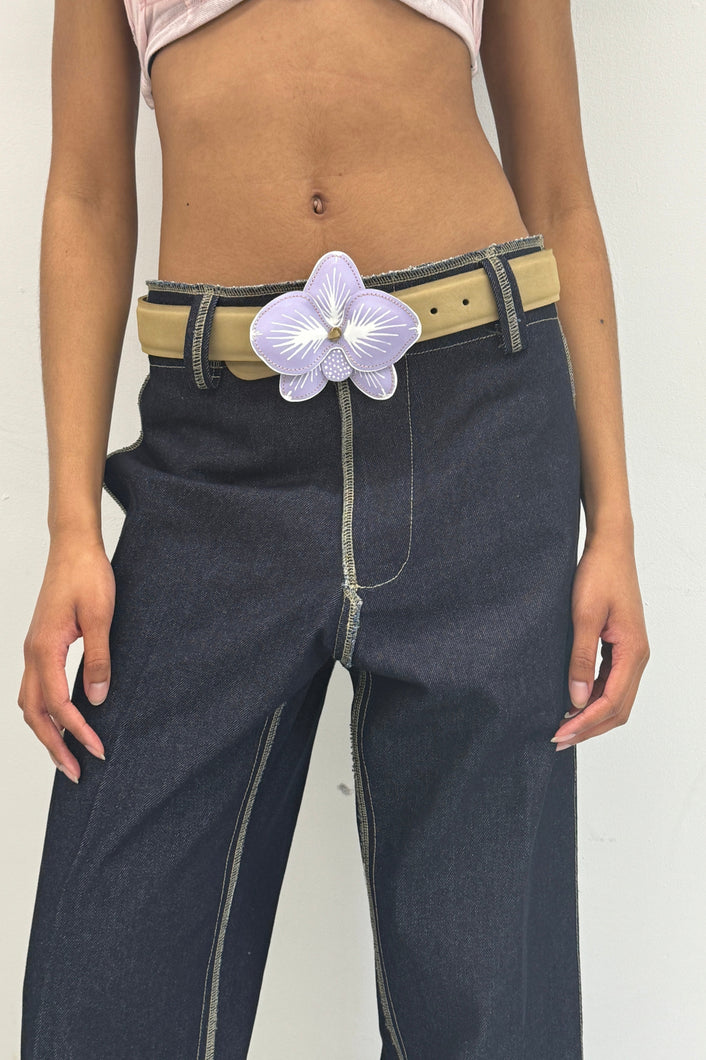 horse leather adjustable belt with orchid center