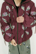 Load image into Gallery viewer, burgundy nylon winter jacket flower filled cutouts