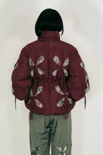 Load image into Gallery viewer, burgundy nylon winter jacket flower filled cutouts